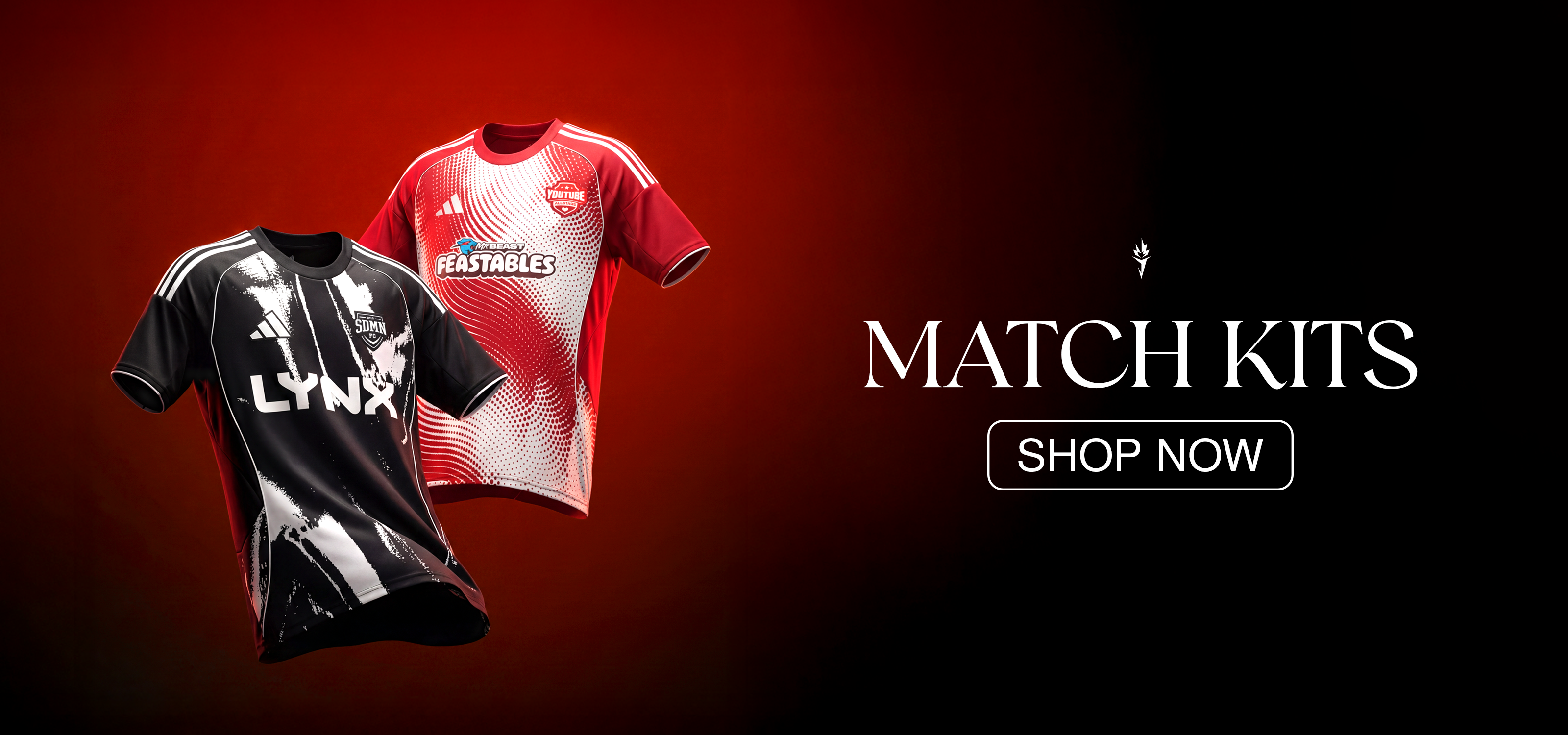 Two sports jerseys, one black and one red, on a dark red background with text 'MATCH KITS' and 'SHOP NOW'.